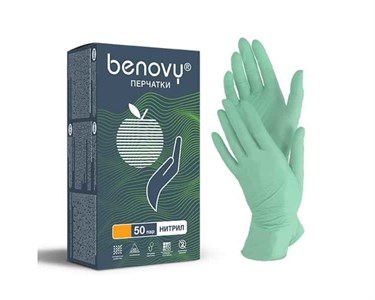 Перчатки BENOVY нитриловые S зеленые, 50 пар